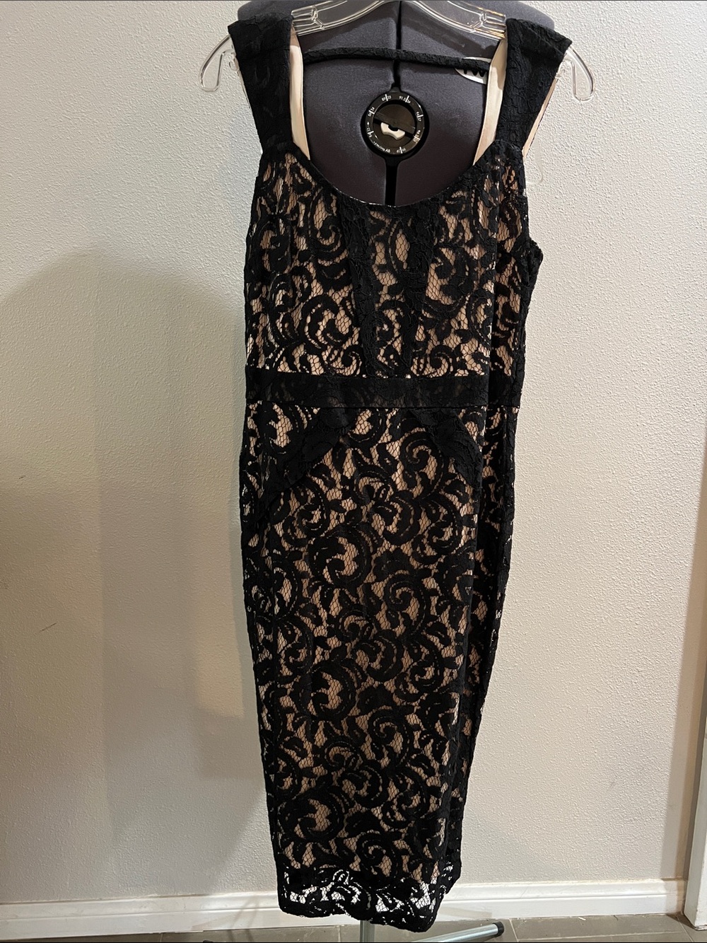 Black Lace Midi Dress with Nude Lining